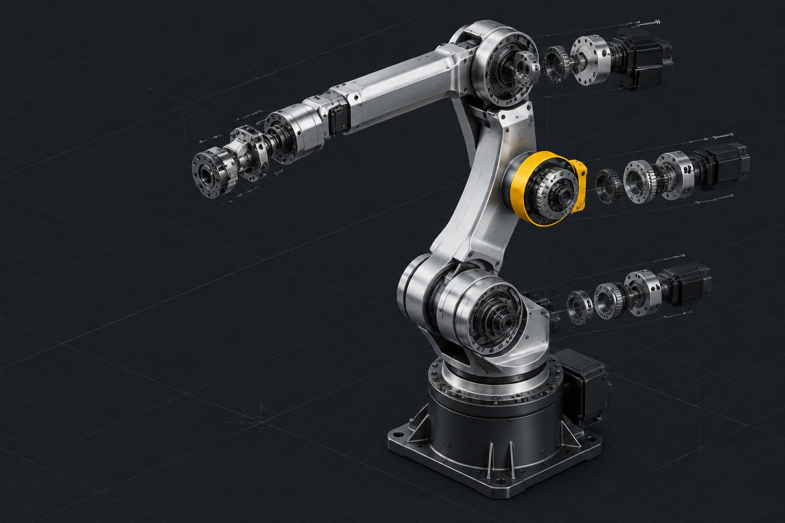 Robotic arm in a dark CAD engineering workspace, with yellow selection geometry